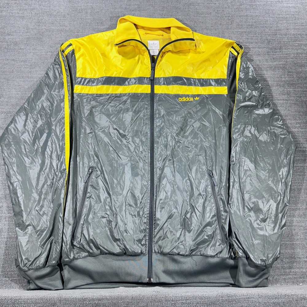 Adidas Windbreaker Jacket Mens Medium‎ Grey Yellow Excellent Trefoil Full Zip